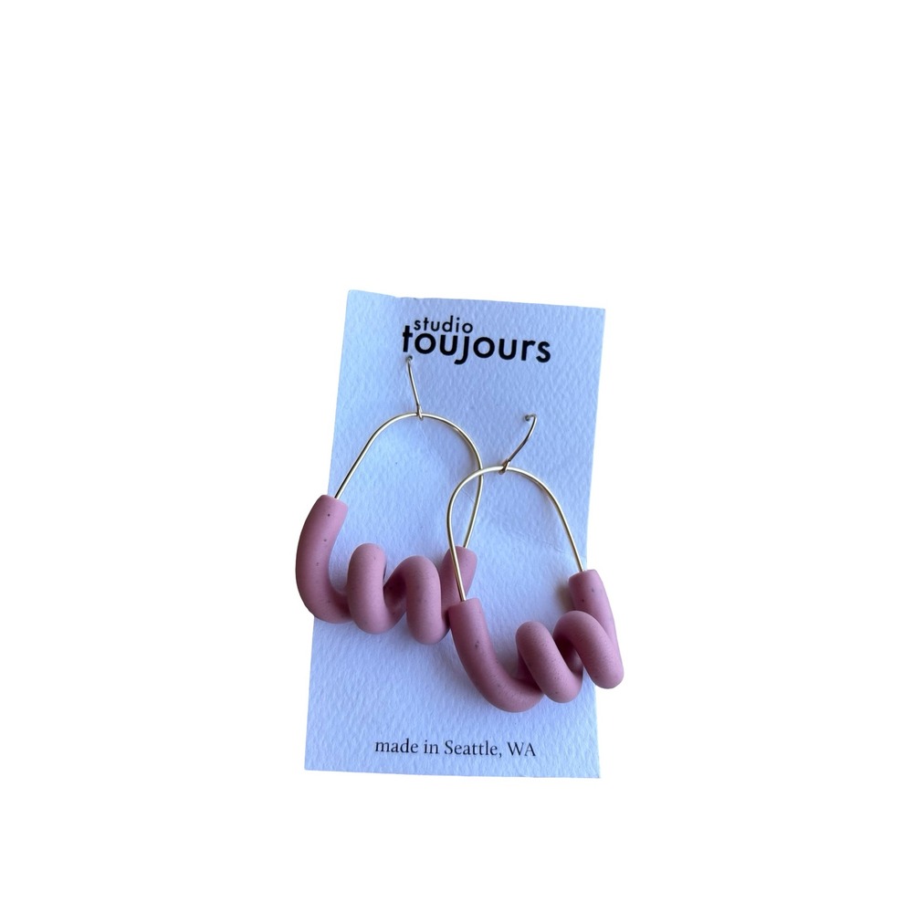 Studio Toujours Polymer Clay Squiggle Hoop Earrings Mauve Pink Gold Handmade